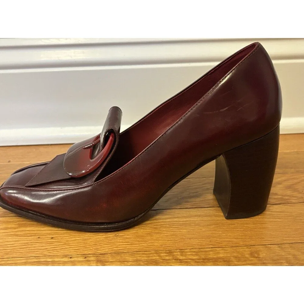 Tory Burch Burgundy Buckle Loafers Curved Block Heels Wild Berry Leather 10 - Picture 13 of 16